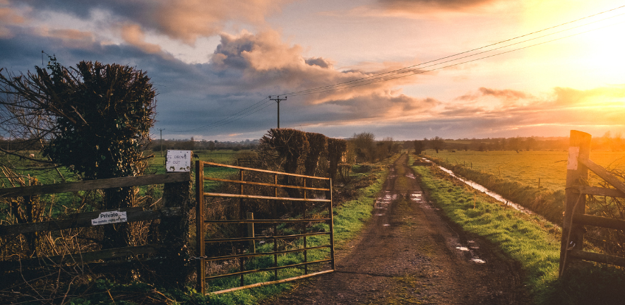 A view of an open five-bar gate, a muddy track and fields beyond, with the sun low in the sky.